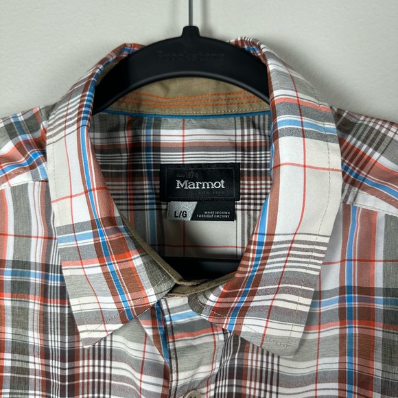 Marmot Large Tan Orange Gray Plaid Short Sleeve Button Up Shirt - Picture 3 of 5